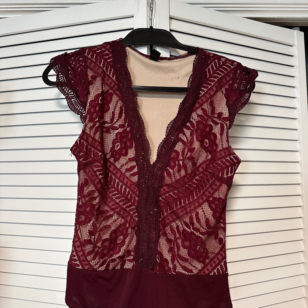 Maroon lace bodysuit low cut